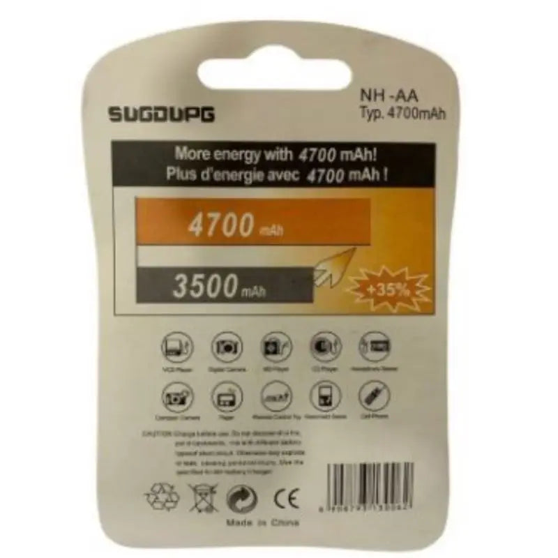 Pilha AA Sugdupg Recarregável De 4700mah 4 Unidades Dispositivo Eletrônico