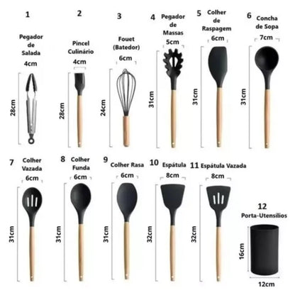 Kit 12 Utensílios De Cozinha Talheres Cabo Madeira E Pote
